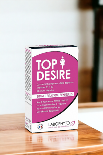 Top Desire 60 gélules , des laboratoires français Labophyto, est un complément alimentaire aphrodisiaque pour femmes, conçu pour stimuler le désir sexuel. Caractéristiques : - Complément alimentaire aphrodisiaque pour femmes - Maintien de bonnes relations sexueles, stimule la libido - A base de plantes et vitamines B6 et B9 - Fabriqué en France - Marque : Labophyto Composition : Poudre de Maca (Lepidium meyenii), extrait de Muira puama (Ptychopetalum olacoides), extrait de Rhodiola (Sedum roseum), extrait d’Angélique chinoise (Angelica sinensis), extrait de Ginseng (Panax Ginseng Meyer), antiagglomérants stéarate de magnésium, dioxyde de silicium, chlorhydrate de pyridoxine (vitamine B6), acide folique (vitamine B9),gélule végétale (hydroxypropylméthylcellulose).